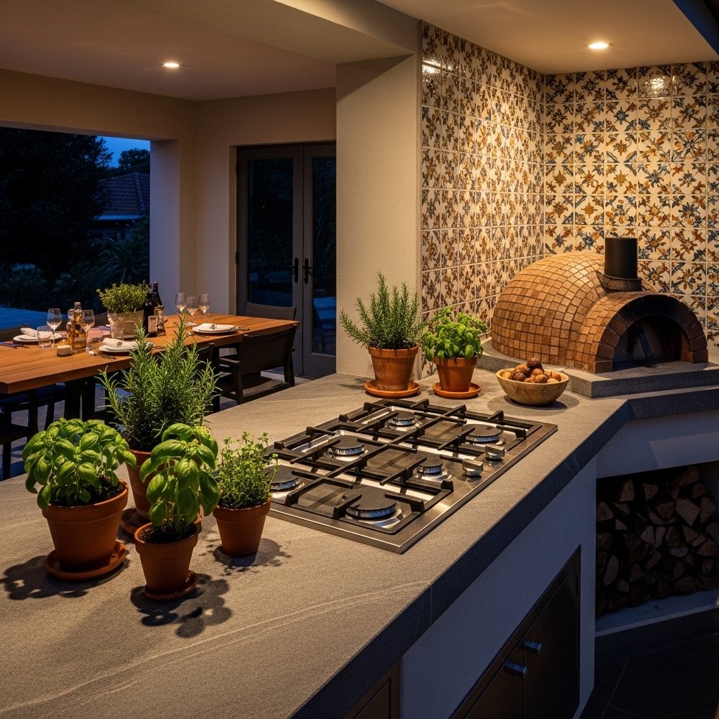 An Outdoor Kitchen With Stone or Tiled Surfaces