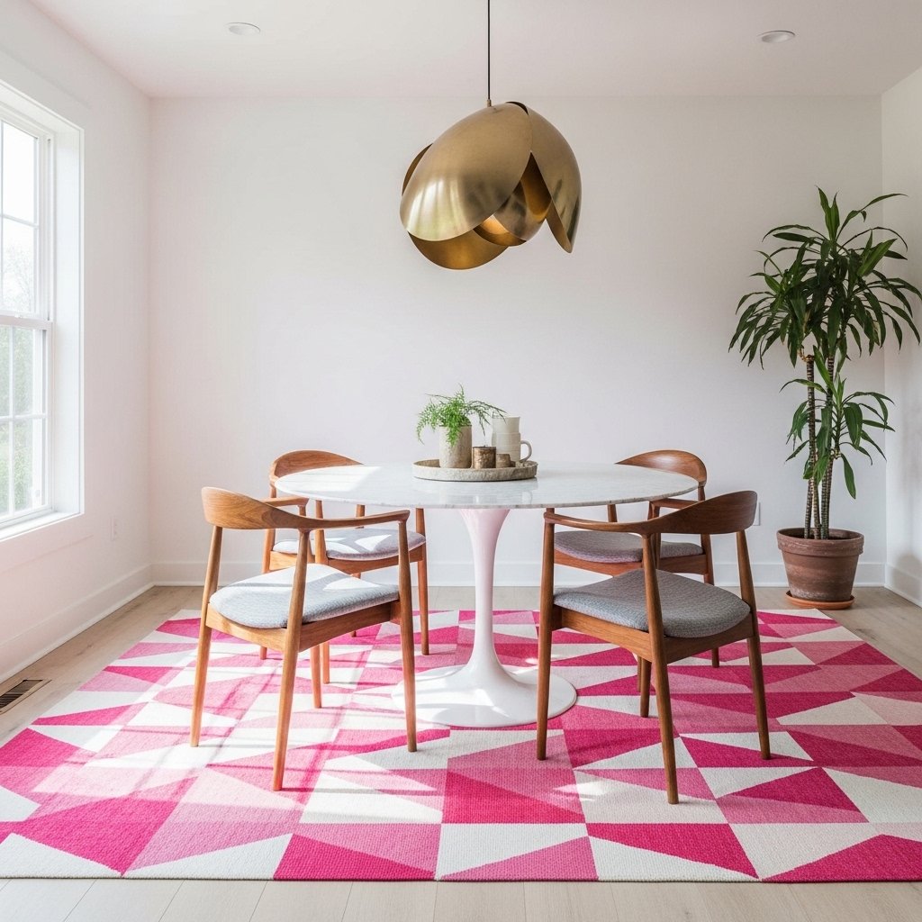 15 Stunning Rug Ideas That Will Make Your Floor the Most Loved Spot in the Room Geometric Pink and White Flatweave for a Modern Dining Room