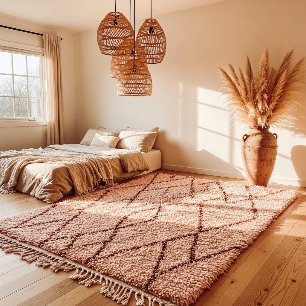 15 Stunning Rug Ideas That Will Make Your Floor the Most Loved Spot in the Room Blush Pink Moroccan Beni Ourain–Inspired Rug