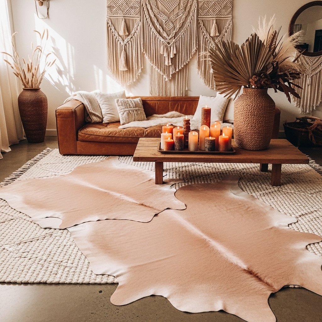 15 Stunning Rug Ideas That Will Make Your Floor the Most Loved Spot in the Room Soft Pink Cowhide Rug for an Unexpected Boho Touch