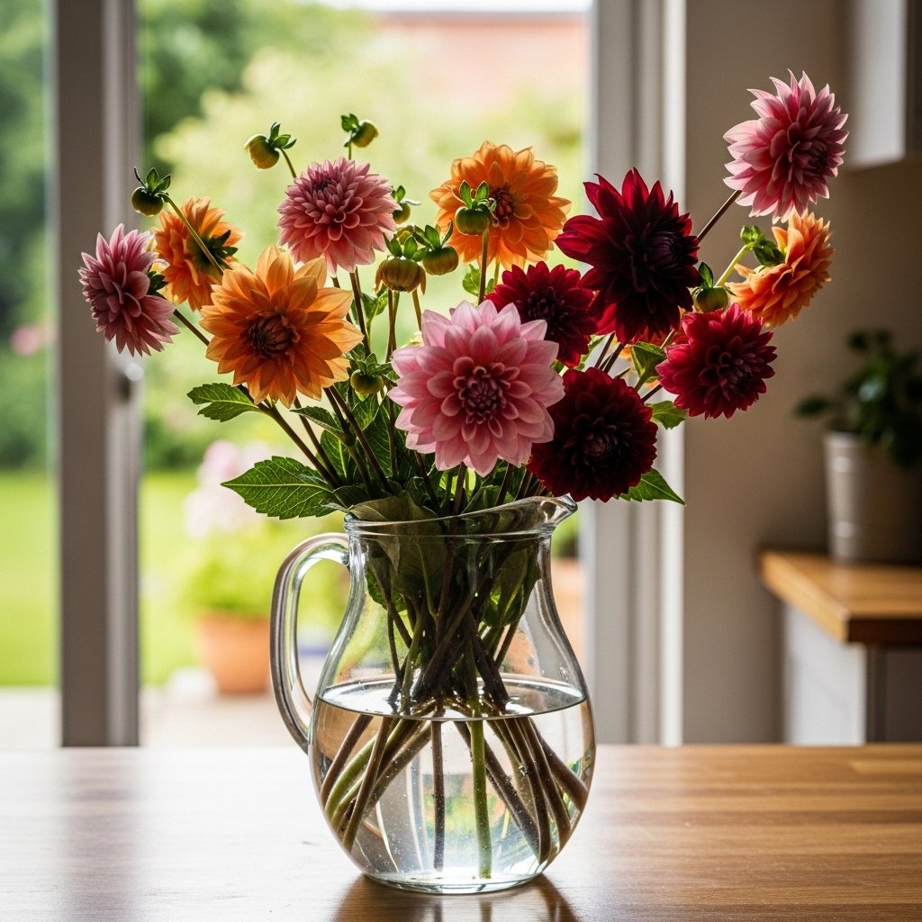 A Vase of Garden Flowers on the Kitchen Counter