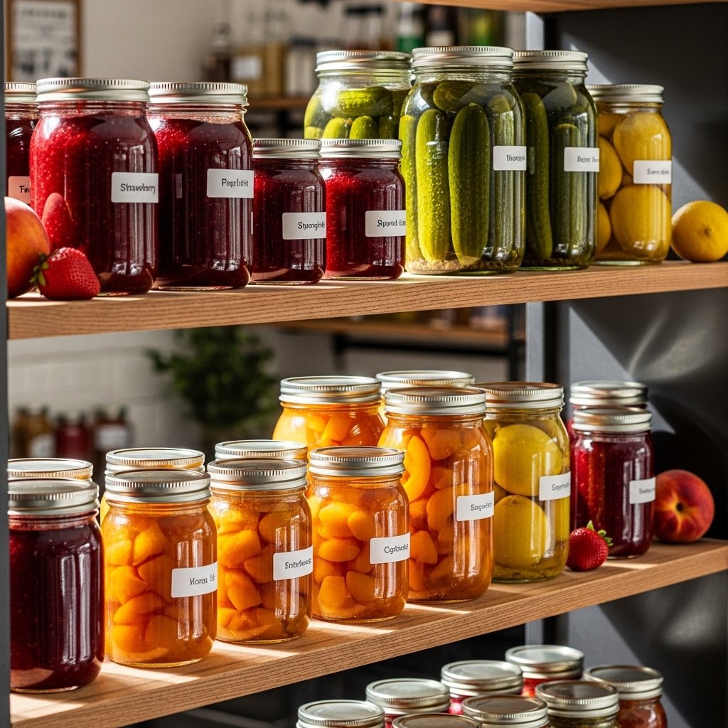 Preserved and Pickled Summer Produce in Glass Jars