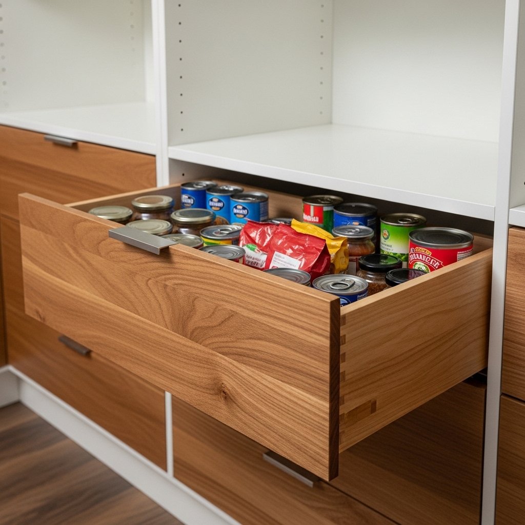 16 Kitchen Pantry Organization Ideas That Make Cooking Effortless Install Pull-Out Drawers on Lower Shelves