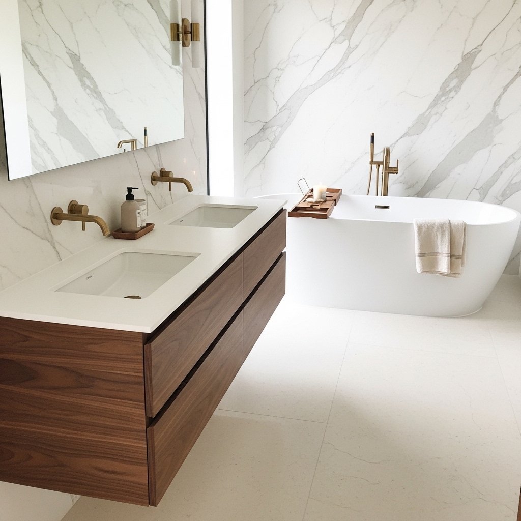 Natural Wood Accents Against Stone and White