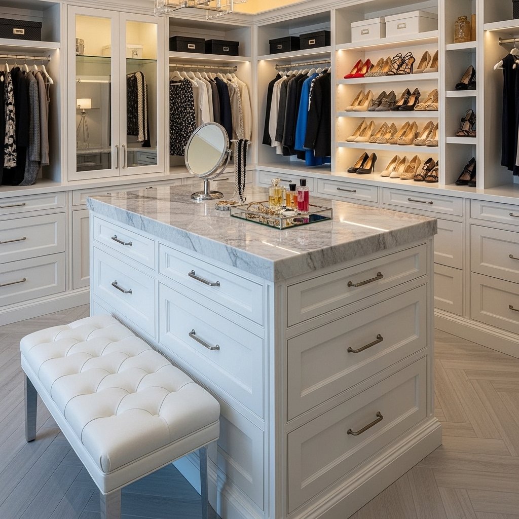 16 Walk-In Closet Ideas That Turn Getting Dressed Into the Best Part of Your Day Island With Drawers and a Marble Top