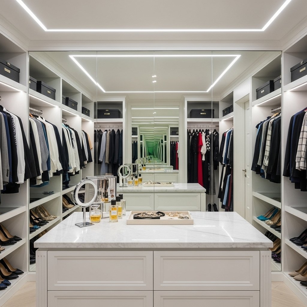 16 Walk-In Closet Ideas That Turn Getting Dressed Into the Best Part of Your Day Mirrored Back Wall or Full-Length Mirror