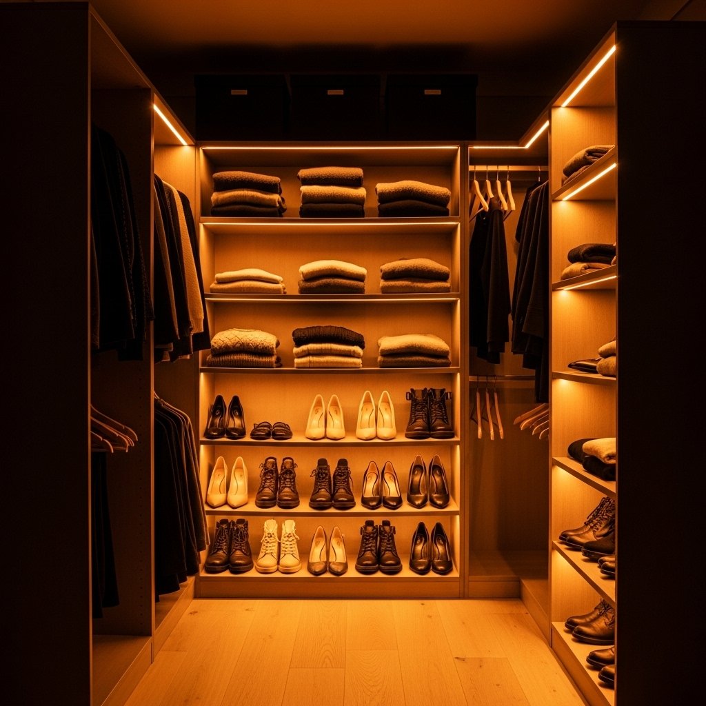 16 Walk-In Closet Ideas That Turn Getting Dressed Into the Best Part of Your Day Warm LED Strip Lighting Inside Each Section