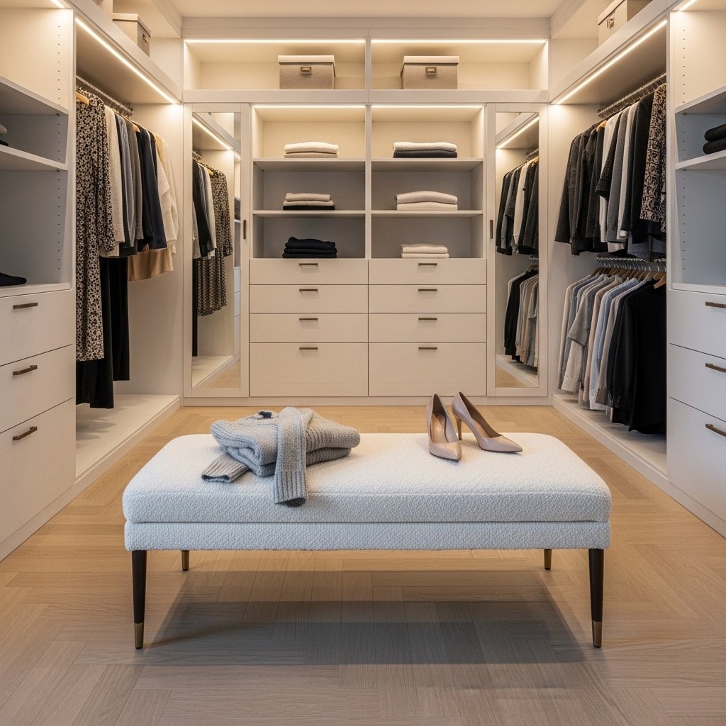 16 Walk-In Closet Ideas That Turn Getting Dressed Into the Best Part of Your Day An Upholstered Bench or Ottoman for the Center