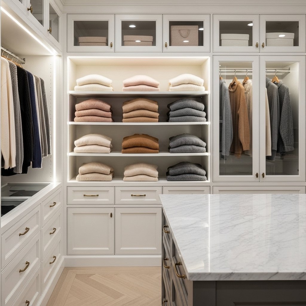 16 Walk-In Closet Ideas That Turn Getting Dressed Into the Best Part of Your Day Glass-Front Upper Cabinets for Display