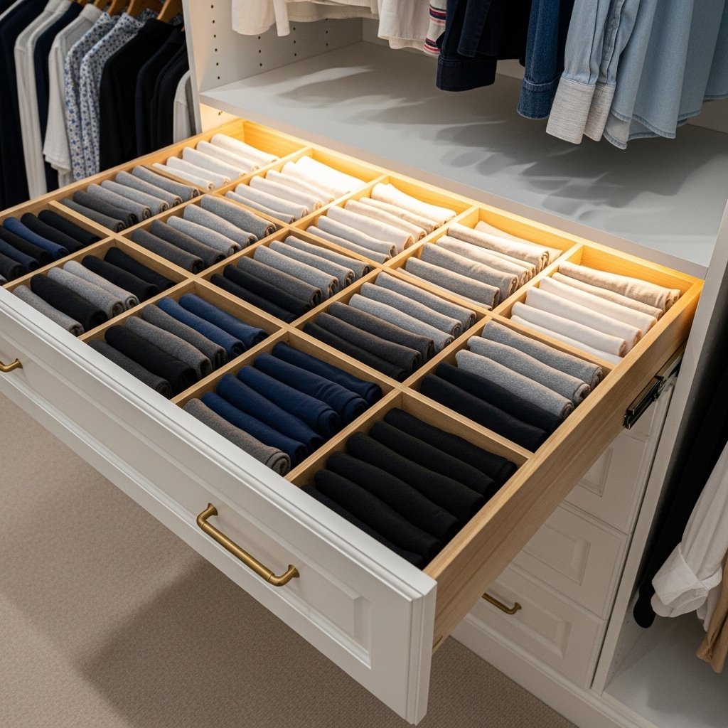 16 Walk-In Closet Ideas That Turn Getting Dressed Into the Best Part of Your Day Drawer Dividers and Folded Clothing System