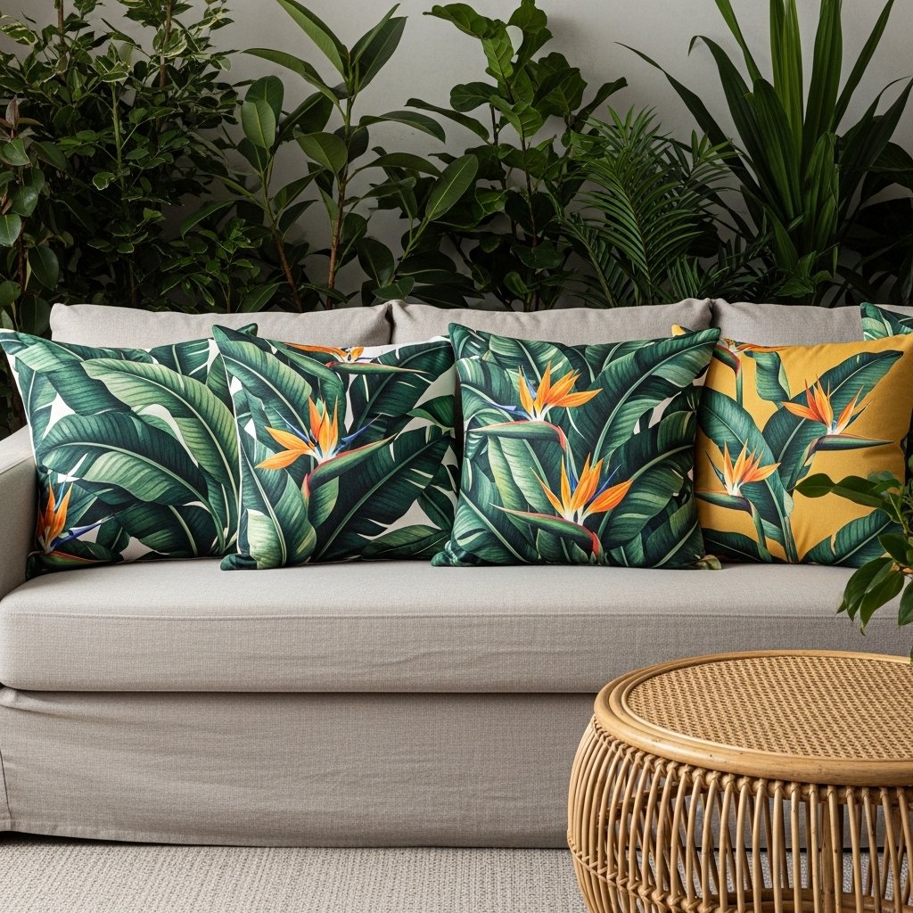 Tropical Print Cushions on a Neutral Sofa