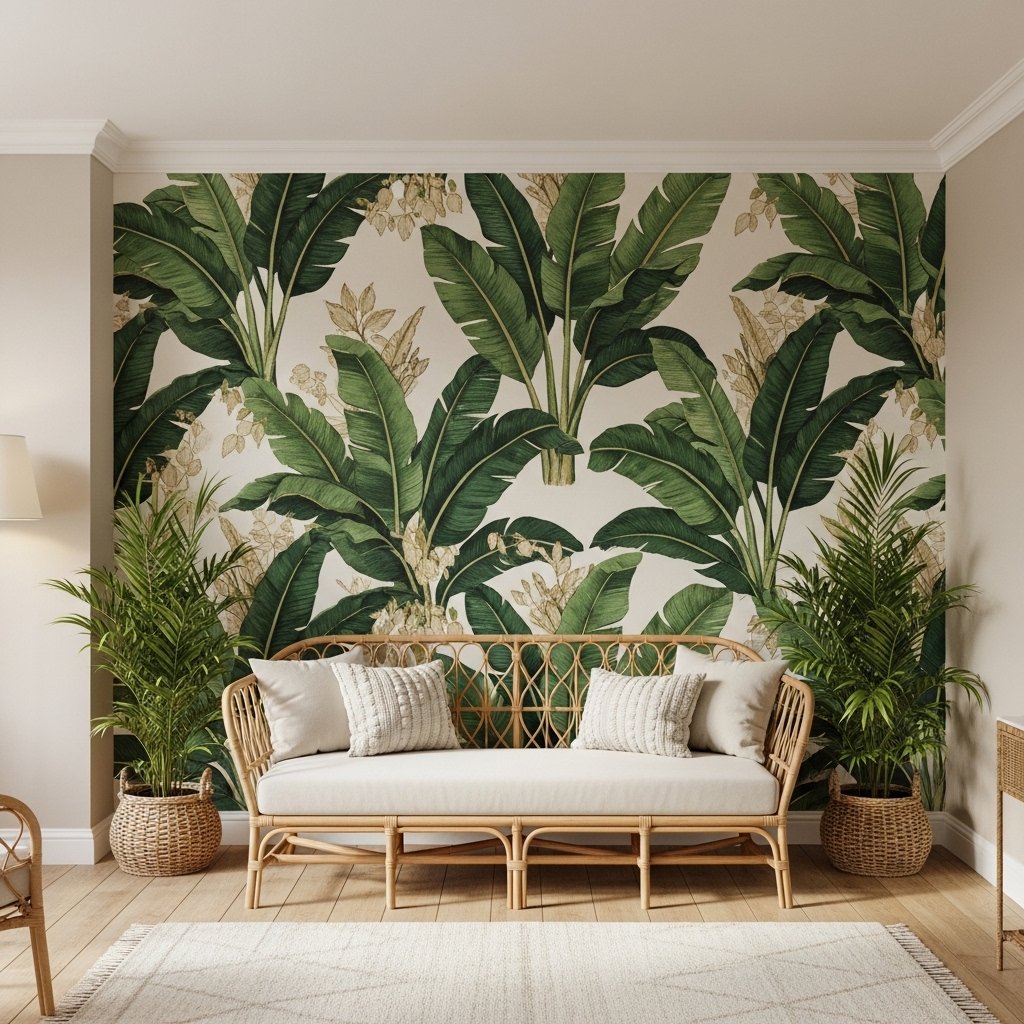 A Banana Leaf or Palm Wallpaper on One Wall