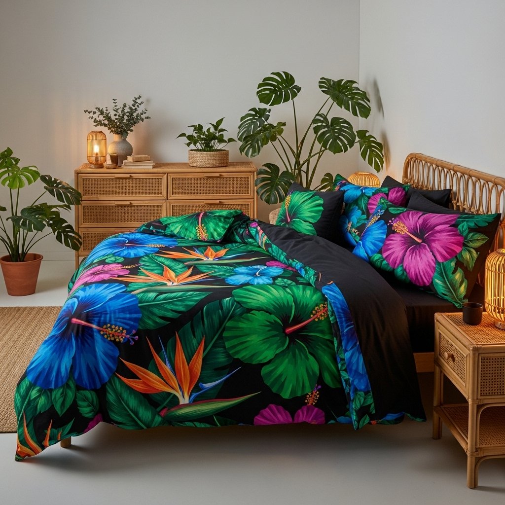 18 Floral Bedding Ideas That Will Make You Never Want to Leave Your Bed Maximalist Tropical Floral in Jewel Tones