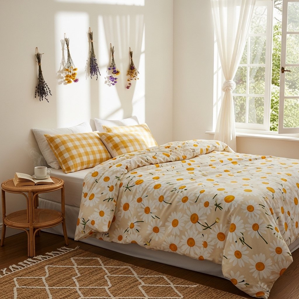 18 Floral Bedding Ideas That Will Make You Never Want to Leave Your Bed Cottagecore Daisy Print in Sunshine Yellow and White