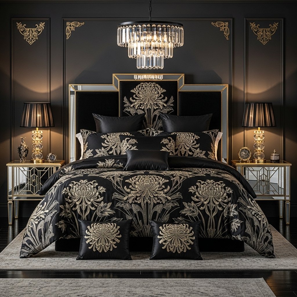 18 Floral Bedding Ideas That Will Make You Never Want to Leave Your Bed Art Deco Floral in Gold and Black