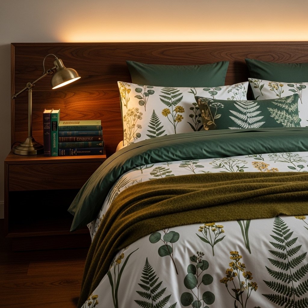 18 Floral Bedding Ideas That Will Make You Never Want to Leave Your Bed Pressed Botanical Print in Forest Green and Ivory