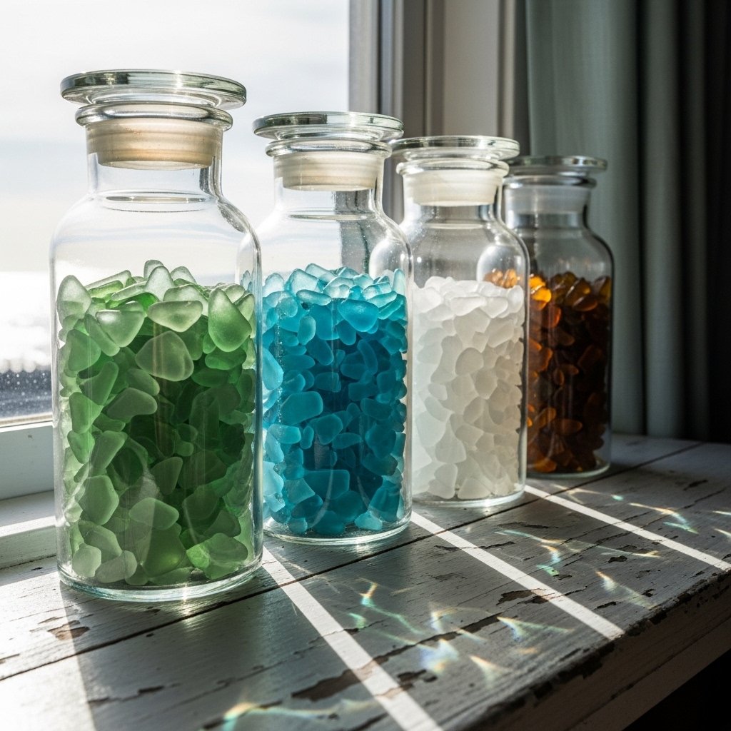 Sea Glass and Shell Collections in Apothecary Jars