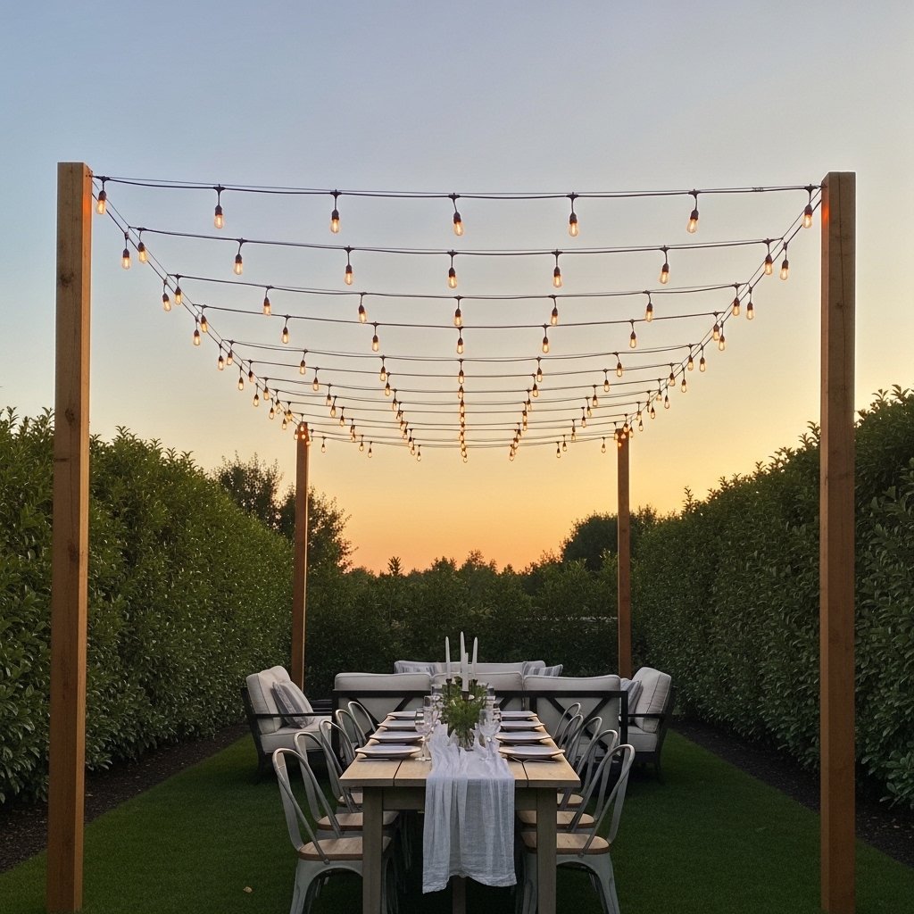 16 Summer Backyard Decor Ideas That Turn Your Outdoor Space Into the Place Everyone Wants to Be String Lights Above the Entire Seating Area